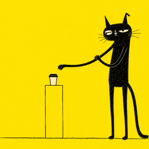 Moxie the black cat reaching toward a question on a pedestal