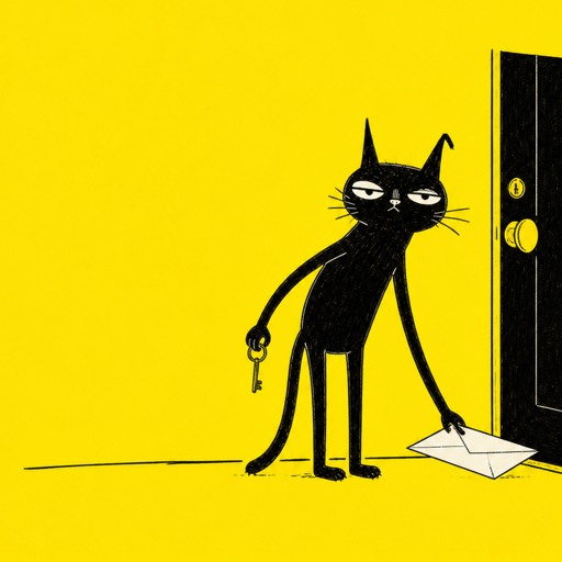 Moxie the black cat arriving at a door with an envelope
