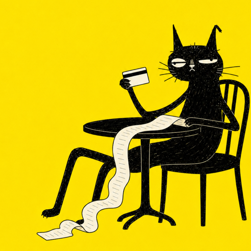 Moxie the black cat holding a card beside a long statement
