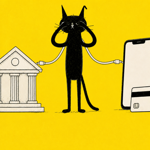 Moxie the black cat covering its eyes between a bank building and a phone