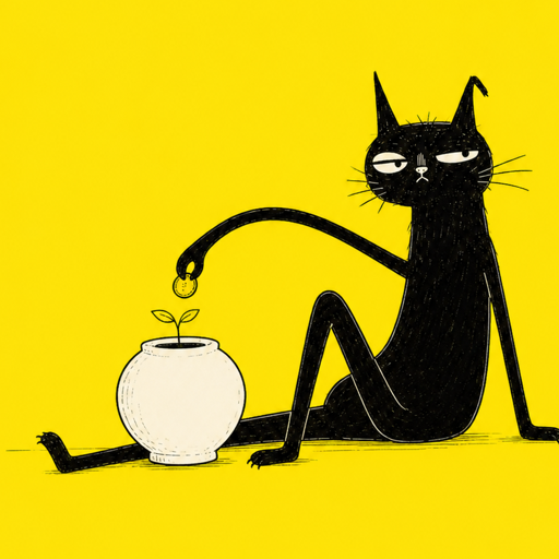 Moxie the black cat placing a coin into a growing plant