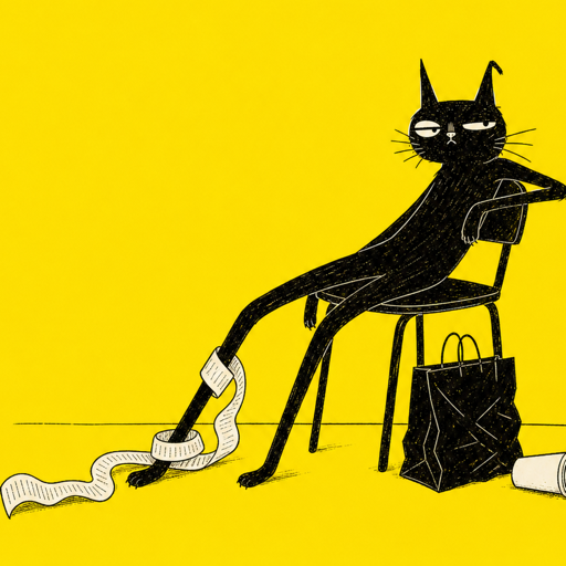 Moxie the black cat inspecting a long receipt