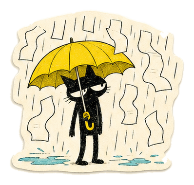 Hand-drawn black cat under an umbrella