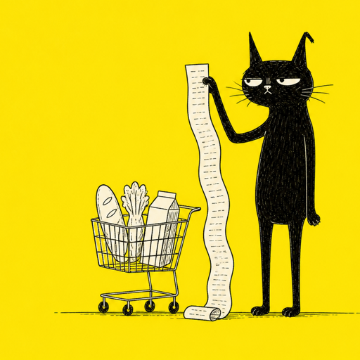 Moxie the black cat checking a grocery list beside a cart
